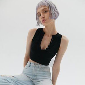 Out From Under Black Ribbed Button Up Tank NWOT